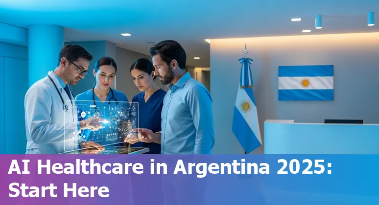 Illustration of AI in Argentina healthcare with Buenos Aires skyline, ANMAT and AAIP icons, and medical devices