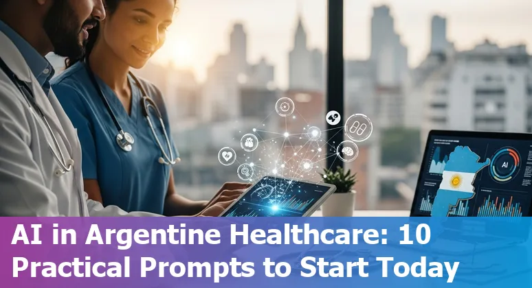 Healthcare workers using AI diagnostics on a laptop in a Buenos Aires hospital with medical charts and icons.