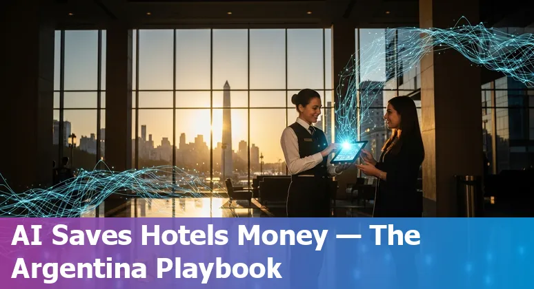 Hospitality staff and AI tools in Argentina: hotel lobby with chatbot, robots and data dashboards in Argentina