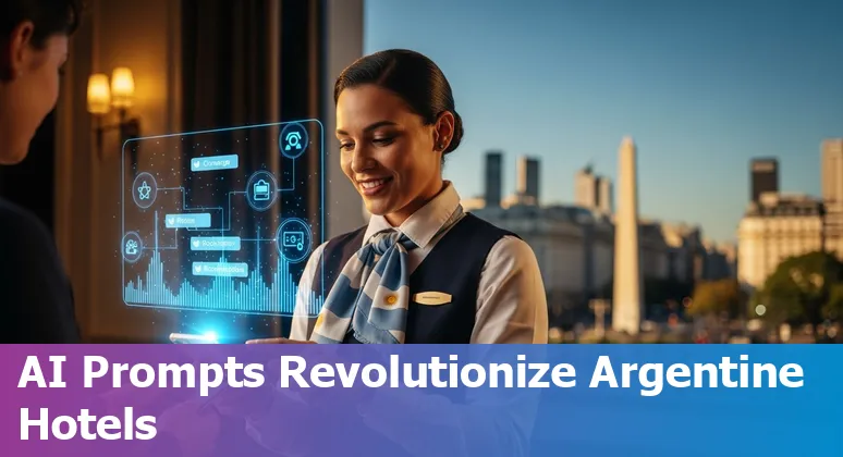 Hotel receptionist using AI dashboard with Argentina map and icons for WhatsApp, pricing, F&B, and marketing