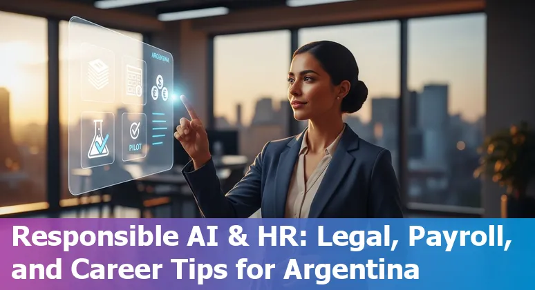 HR professional using AI tools in an office with Argentine flag and Buenos Aires skyline in background