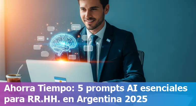 HR professional in Argentina using AI prompts on a laptop, with icons for recruitment, onboarding, benefits, policies, and surveys.