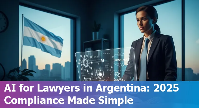 Legal professional using AI tools in an Argentine law office, with Argentina flag and legal books in background