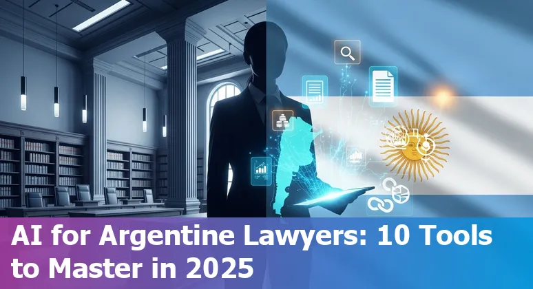 Collage of legal AI tools logos and an Argentine lawyer using a laptop with law books and a gavel.