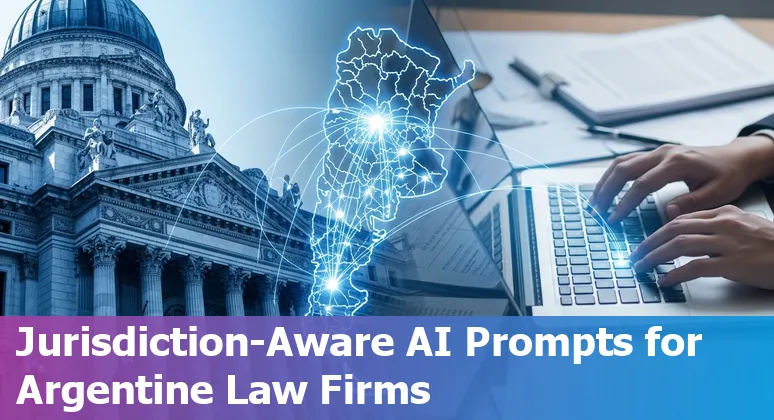 Argentine lawyer using AI prompts on a laptop with Buenos Aires skyline in background