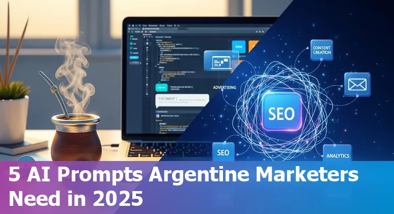 Illustration of AI-assisted marketing prompts for Argentina—Buenos Aires skyline, laptop with prompt templates and marketing icons.