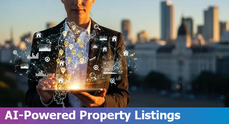 Agent using AI tools on a laptop with Buenos Aires skyline and property icons