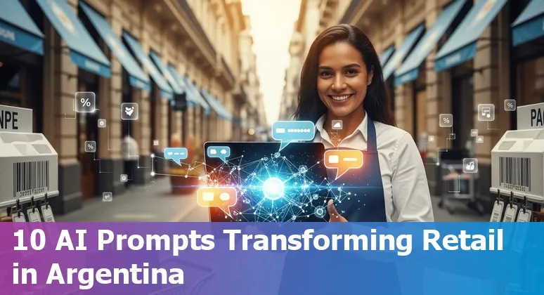 Argentine retail storefront with AI icons, Mercado Libre, WhatsApp and data overlays showing AI use cases