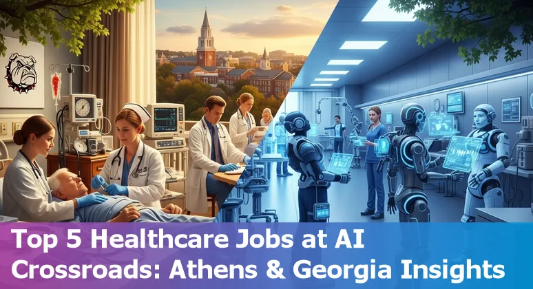 AI impacting healthcare jobs in Athens and Georgia, US, showing medical professionals and robotic assistant.