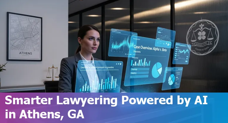 Legal professional using AI prompts on a laptop in an Athens, Georgia law office in 2025