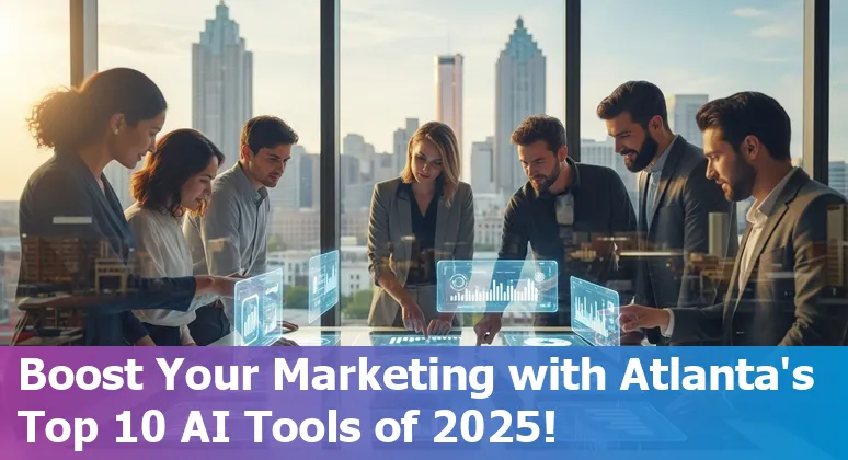 Illustration of AI marketing tools icons with Atlanta city skyline in the background