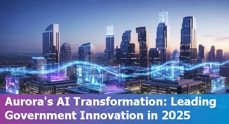 City of Aurora government building with AI technology graphics representing AI adoption in Aurora, Illinois in 2025
