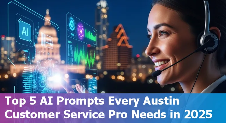 Customer service professional using AI prompts on a laptop in an Austin office.