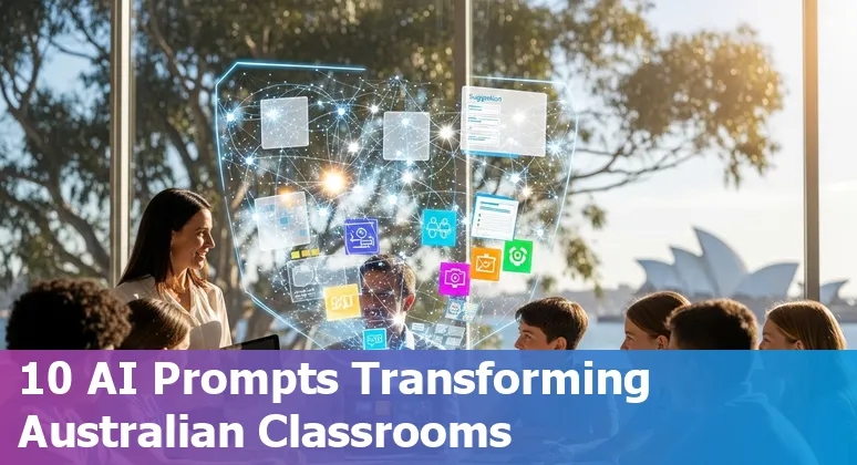 Teacher using AI prompts for lesson planning and assessment with Australian education policy icons
