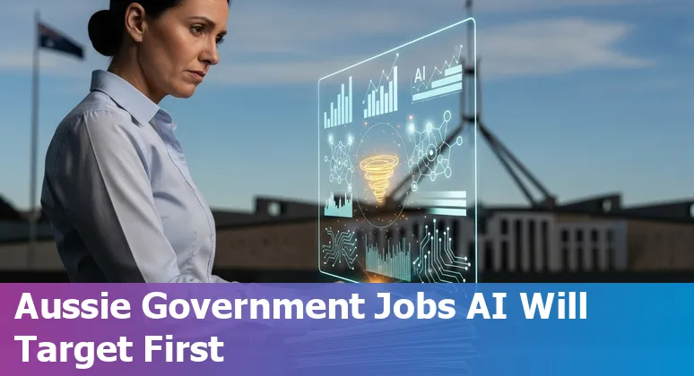 Government office worker with AI chatbot overlay and icons for data entry, reception and bookkeeping
