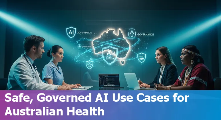 Healthcare professionals using AI tools in an Australian hospital setting, showing imaging screens and wearable ECG devices.