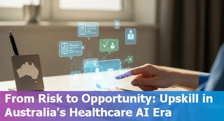 Healthcare worker at reception desk using computer with AI icons overlay — adapting to automation in Australia