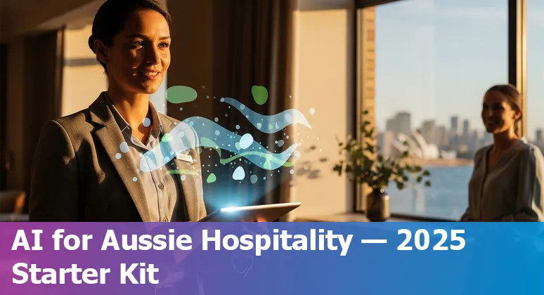 AI in hospitality in Australia 2025 — hotel staff using AI chatbots and smart-room IoT devices in an Australian hotel lobby