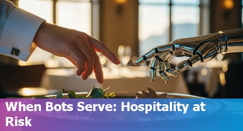 Hospitality staff at a hotel front desk using booking software with an autonomous service robot in the background.