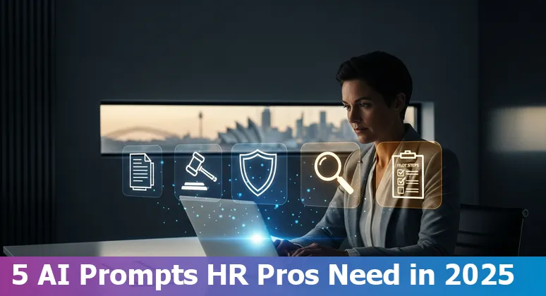 HR professional using AI prompts on a laptop with Australian workplace icons (payroll, roster, award).