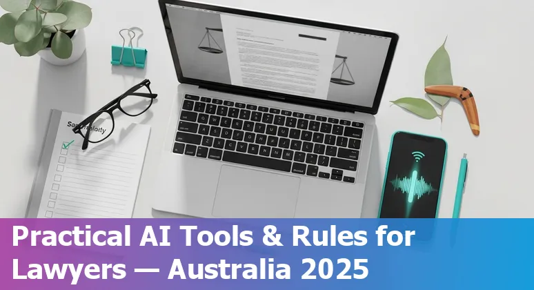 Illustration of AI tools and legal books with Australian map overlay, showing AI in legal practice in Australia 2025