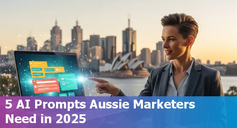 Australian marketer using AI prompts on laptop with Sydney skyline background