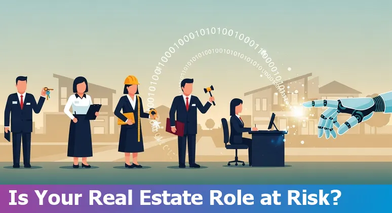 Person using laptop showing property listings with AI icons overlay, symbolising real estate jobs at risk from AI in Australia