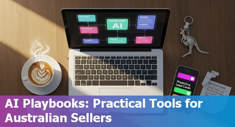 Sales professional using AI tools on a laptop in Australia, 2025 — Australian skyline in background