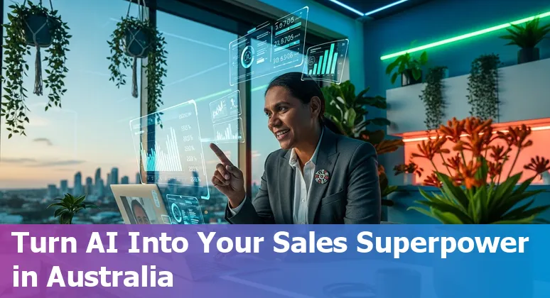 Illustration of Australian salesperson using AI tools on a laptop with a map of Australia in the background, symbolising sales jobs in Australia in 2025