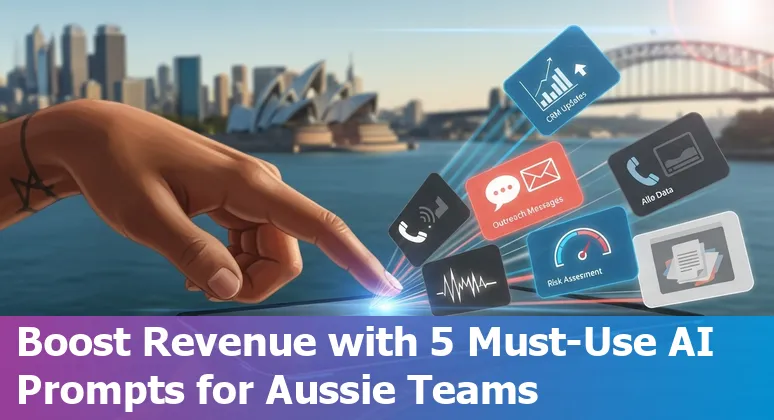 Sales professional using Copilot AI prompts on laptop to create CRM updates and outreach emails in Australia.
