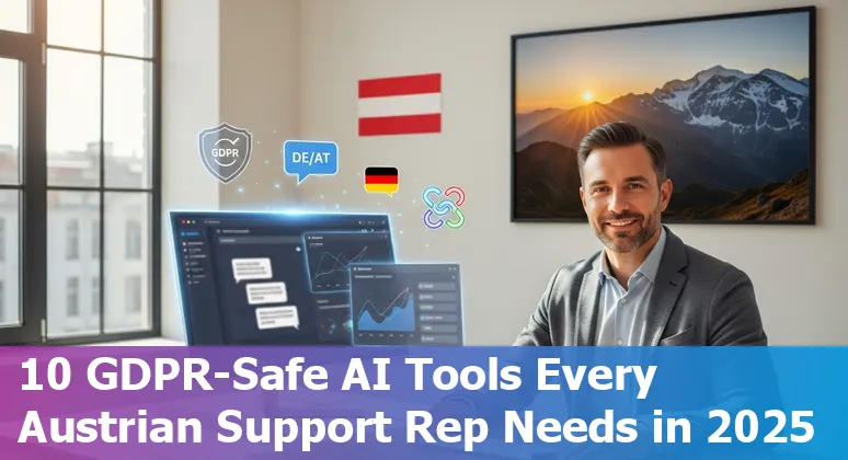 Illustration of customer service agents using AI tools with Austrian flag and e-commerce icons.