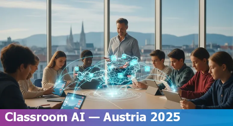Illustration of AI in education in Austria 2025 featuring Vienna skyline, students and AI tools in Austrian classrooms