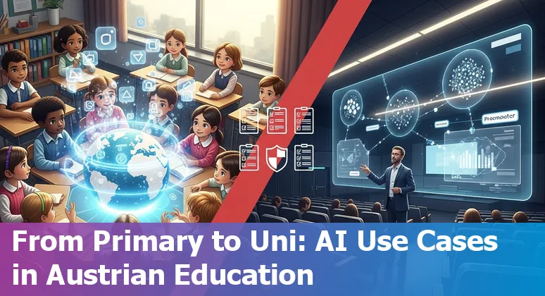 Illustration of AI tools in Austrian classrooms with tutors, dashboards and policy icons