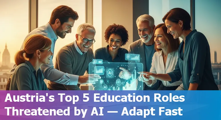 Austrian classroom with teacher, students and AI icons showing jobs at risk and reskilling paths