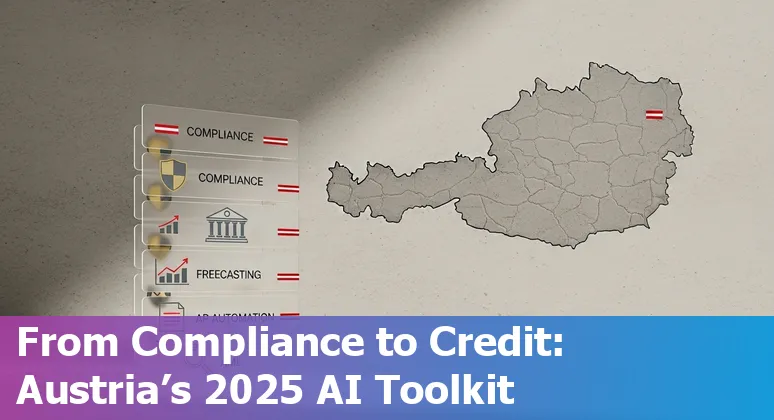 Collage of AI tools logos and Austrian finance icons like Euro coins, DATEV, SAP, and a chart.