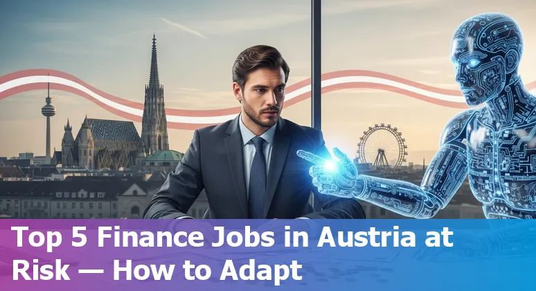 Austrian bank office worker at a computer with AI automation overlay icons