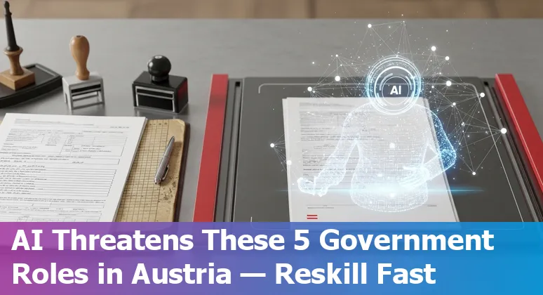 Austrian government office worker at a desk with AI icons overlay indicating automation risk.