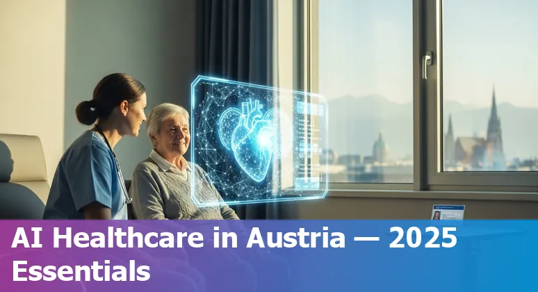 Graphic showing AI in Austrian healthcare 2025 with Vienna hospital, AI diagnostics and funding icons — Austria