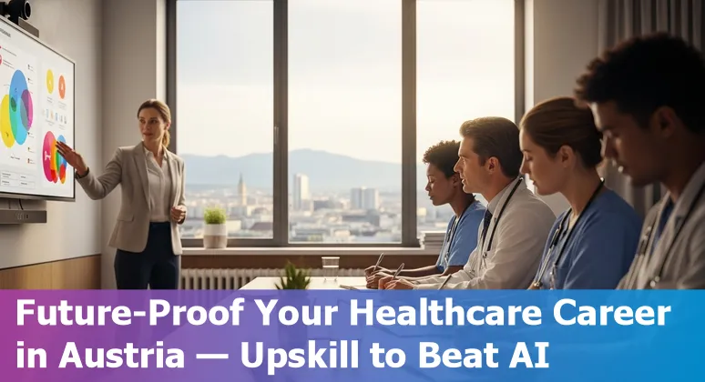 Austrian healthcare professionals discussing AI tools in a hospital corridor