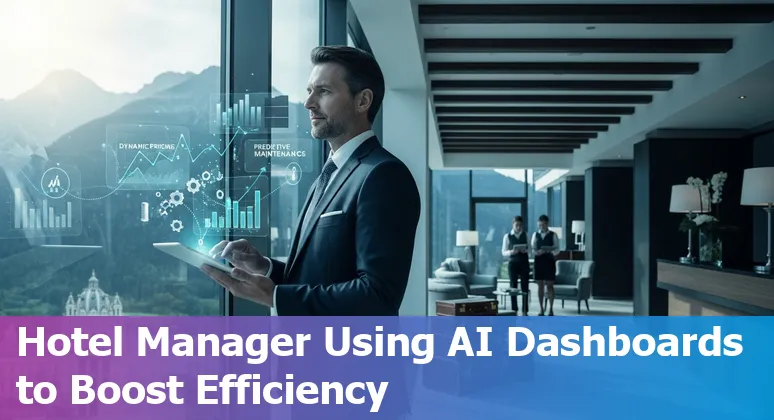 Hotel staff reviewing an AI operations dashboard in Austria showing energy, occupancy and maintenance savings