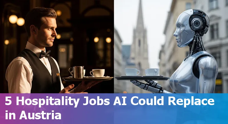 Hotel receptionist, server, housekeeper and a service robot illustrating hospitality jobs at risk from AI in Austria
