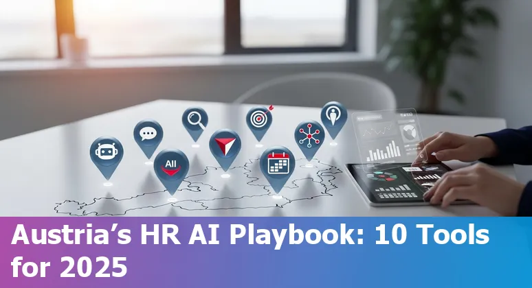 Collage of HR professionals using AI tools like Paradox, Eightfold, Leapsome and ChartHop with Austrian flag overlay.