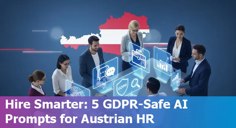 HR professional using AI prompts on laptop with Austrian flag and GDPR shield icon.