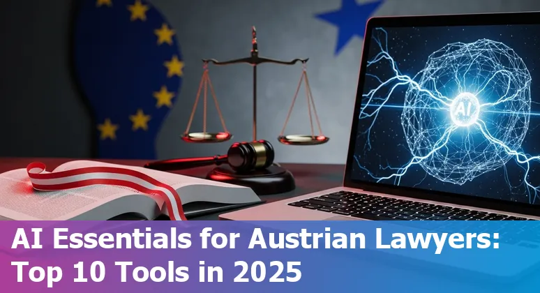 Lawyer using AI tools on laptop with Austria flag and EU AI Act icons in the background