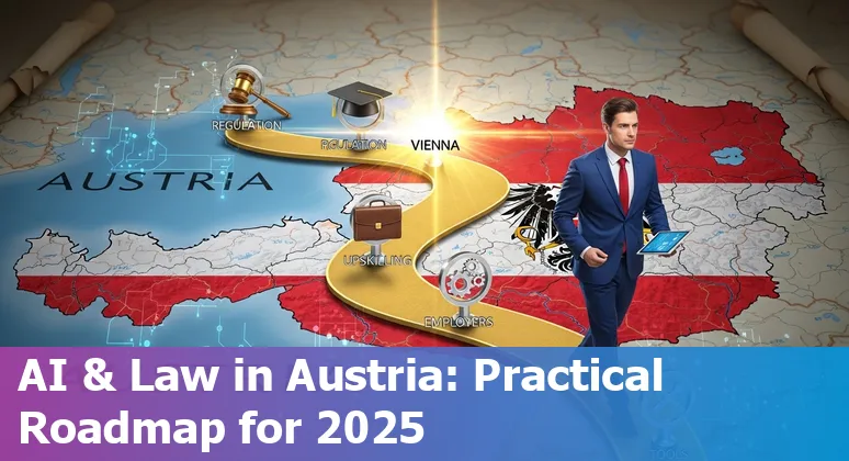Austrian flag with AI icons over Vienna skyline, symbolizing AI and legal jobs in Austria