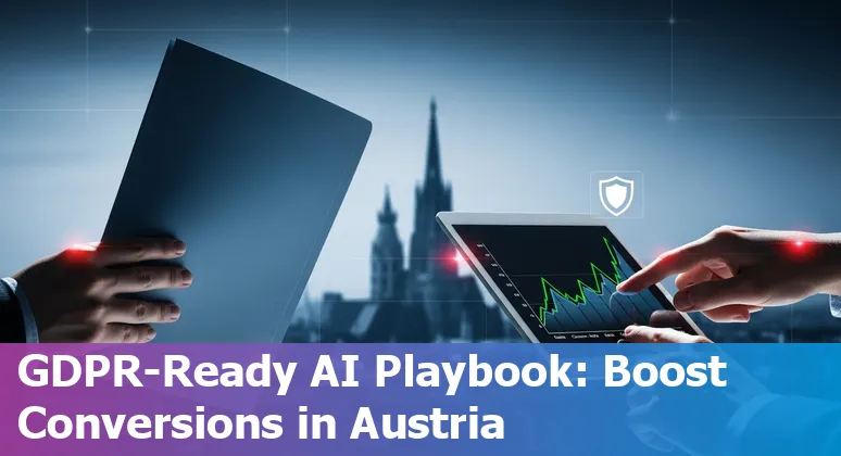 Marketing professional using AI tools with Austrian flag and Vienna skyline, illustrating AI marketing in Austria in 2025
