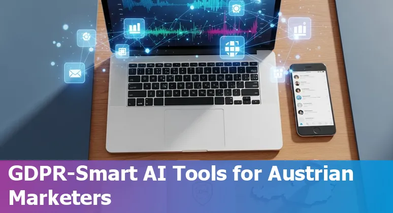 Collage of AI marketing tools logos with Austrian landmarks and marketers using a laptop