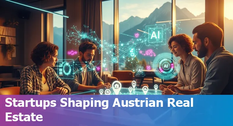 Infographic of AI in real estate Austria 2025 showing AI use cases, legal icons, and Vienna skyline in Austria