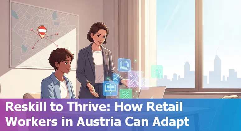 Retail worker looking at a tablet in an Austrian supermarket with self-checkout and robotic stock shelves in the background
