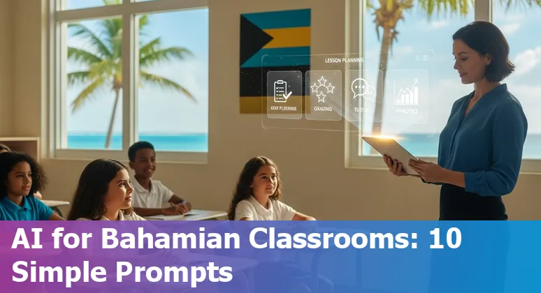 Teacher using AI tools for lesson planning and student support in a Bahamian classroom with island backdrop